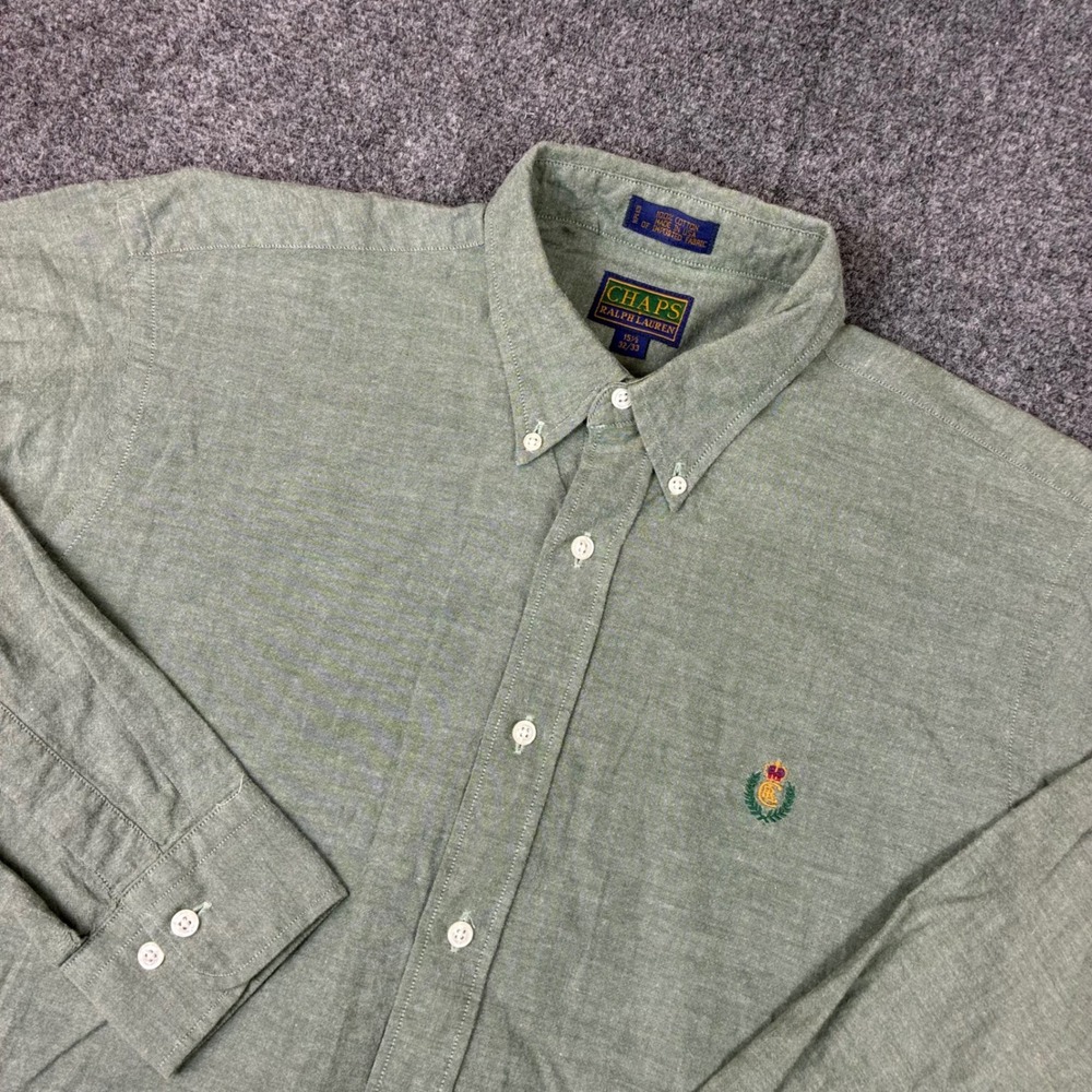 Vintage Chaps Ralph Lauren Mens 15.5 32/33 Green Cotton Button Down Shirt USA